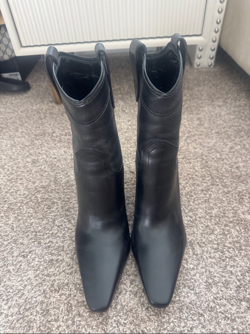 Women's Black Leather Pointed Western-Inspired Ankle Boots